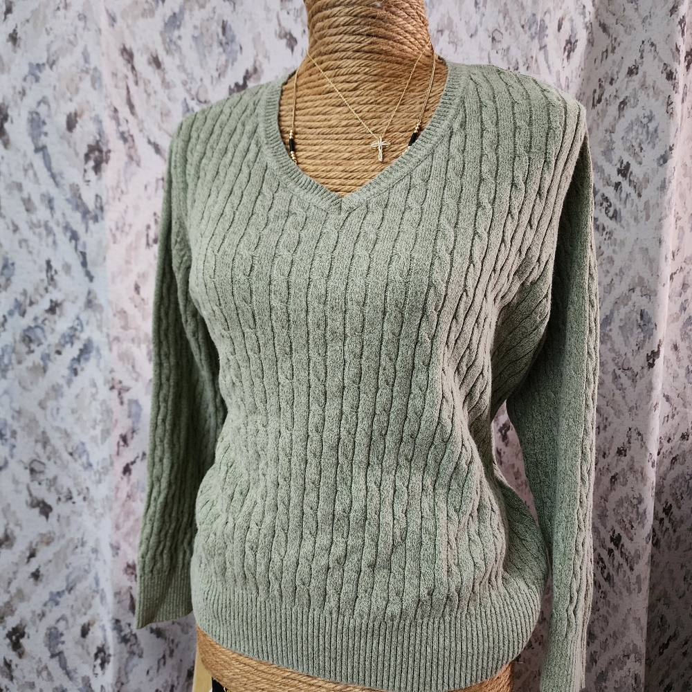 Karen Scott Sweater Womens L Moss Green V-Neck Cable Knit Cabin Cozy Cottagecore